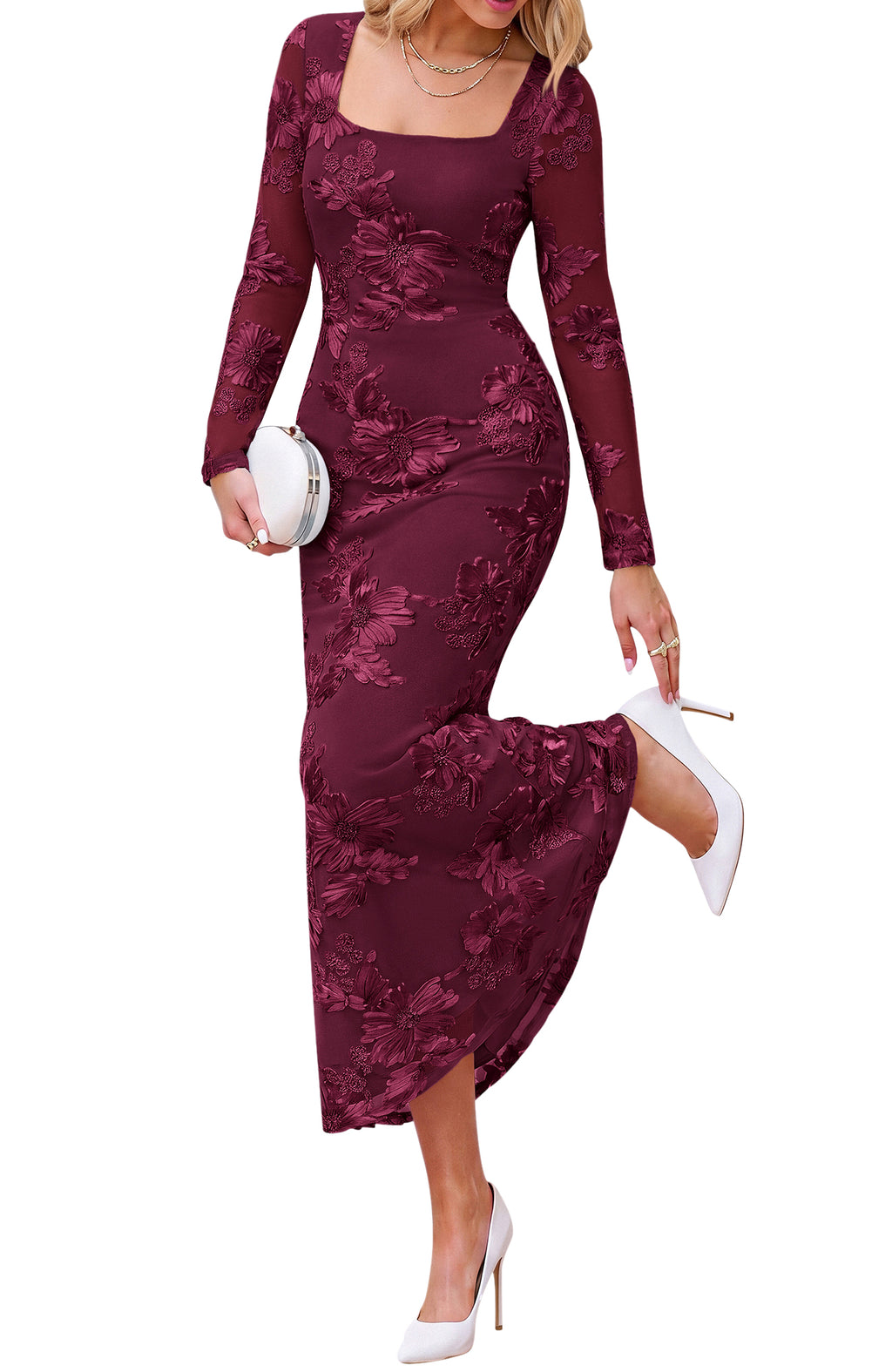 BTFBM Womens Long Sleeve Bodycon Floral Mesh Maxi Fall Wedding Guest Dress