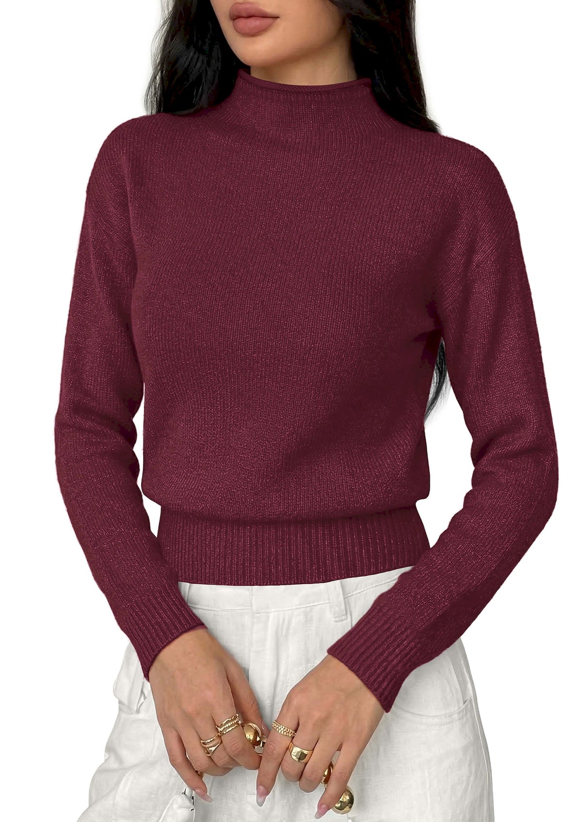 BTFBM Women’s Long Sleeve Sweaters Mock Neck Business Casual Lightweight Sweater Tops 2026 Fall Fashion Clothing