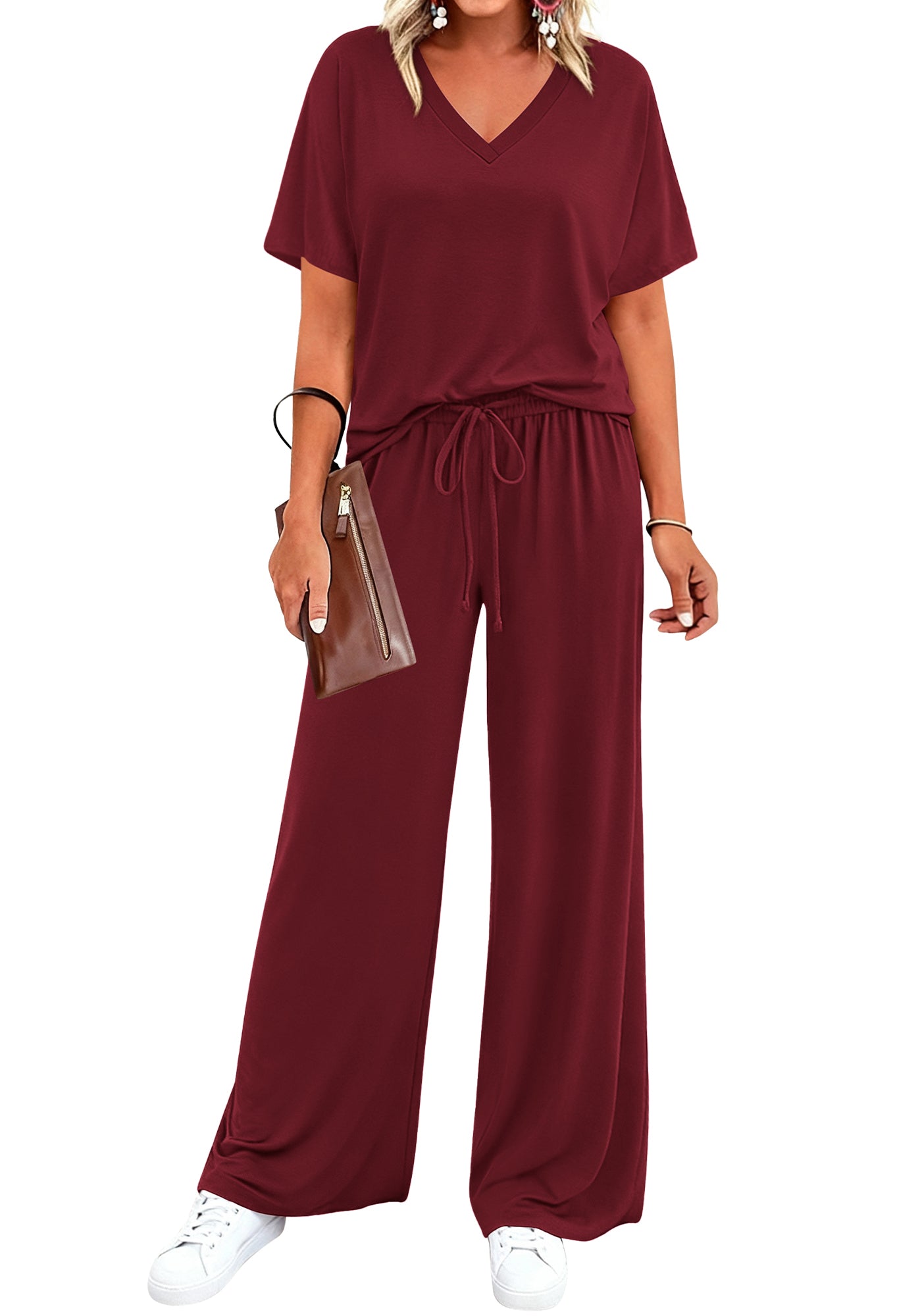 BTFBM 2 Piece Sets for Women Summer V Neck Short Sleeve Lounge Set Wide Leg Pants Matching Set Airport Travel Outfits