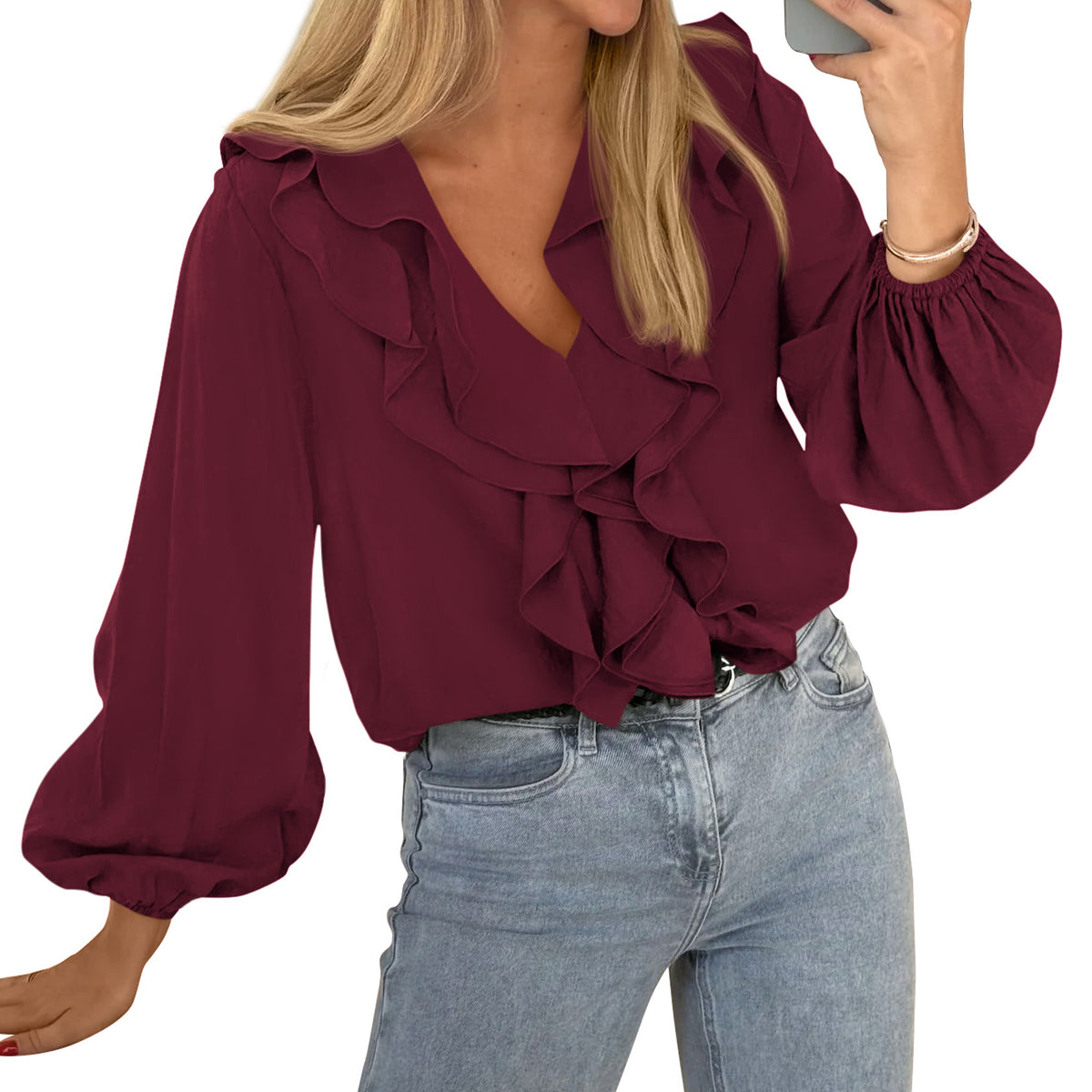 BTFBM Womens Fall Tops Ruffle Blouses Dressy Casual | Double Ruffled Collar V Neck Long Sleeve Shirts, Lightweight Fashion Clothing 2026 Trendy, Daily Business Office Work Clothes