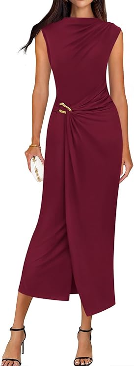 BTFBM Dresses for Women 2026 Summer Clothes Formal Bodycon Mock Neck Cap Sleeve Midi Party Cocktail Wedding Guest Dress