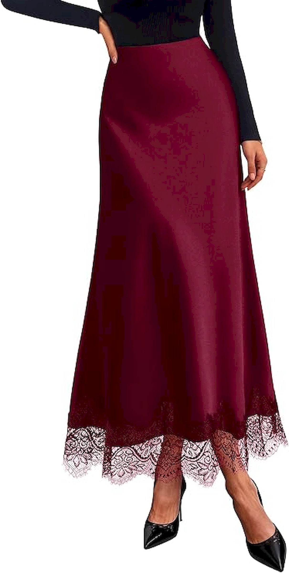 BTFBM Lace Trim Satin Skirts for Women Elegant | High Waisted,Maxi Skirt,Cocktail Party Wedding Guest,Summer Fall Outfits