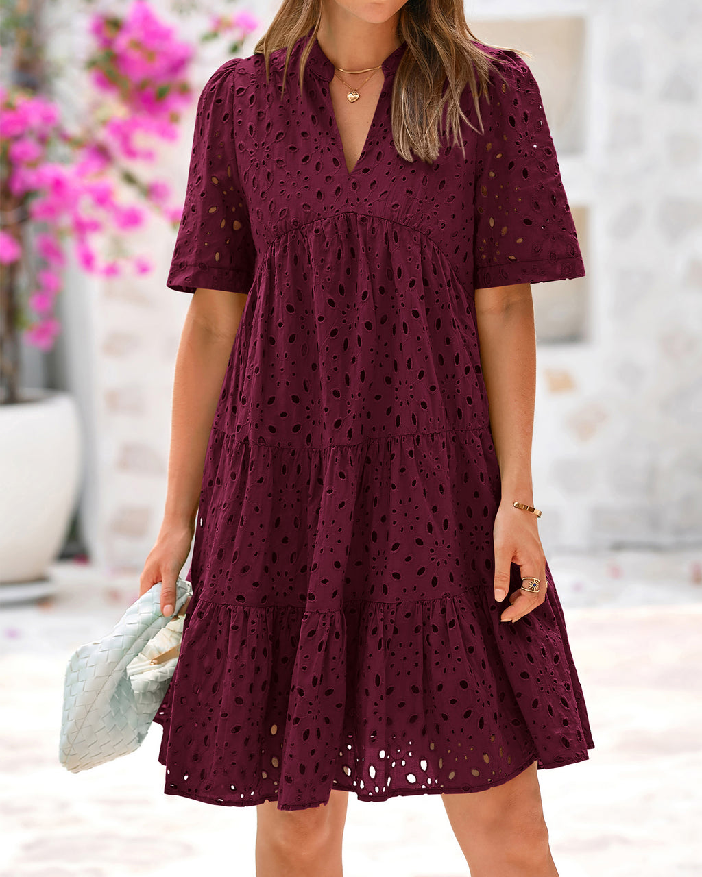 BTFBM Womens Boho Summer Dresses 2026 Spring V Neck Short Sleeve Hollow Out Lace Ruffle Casual Beach Mini Vacation Dress