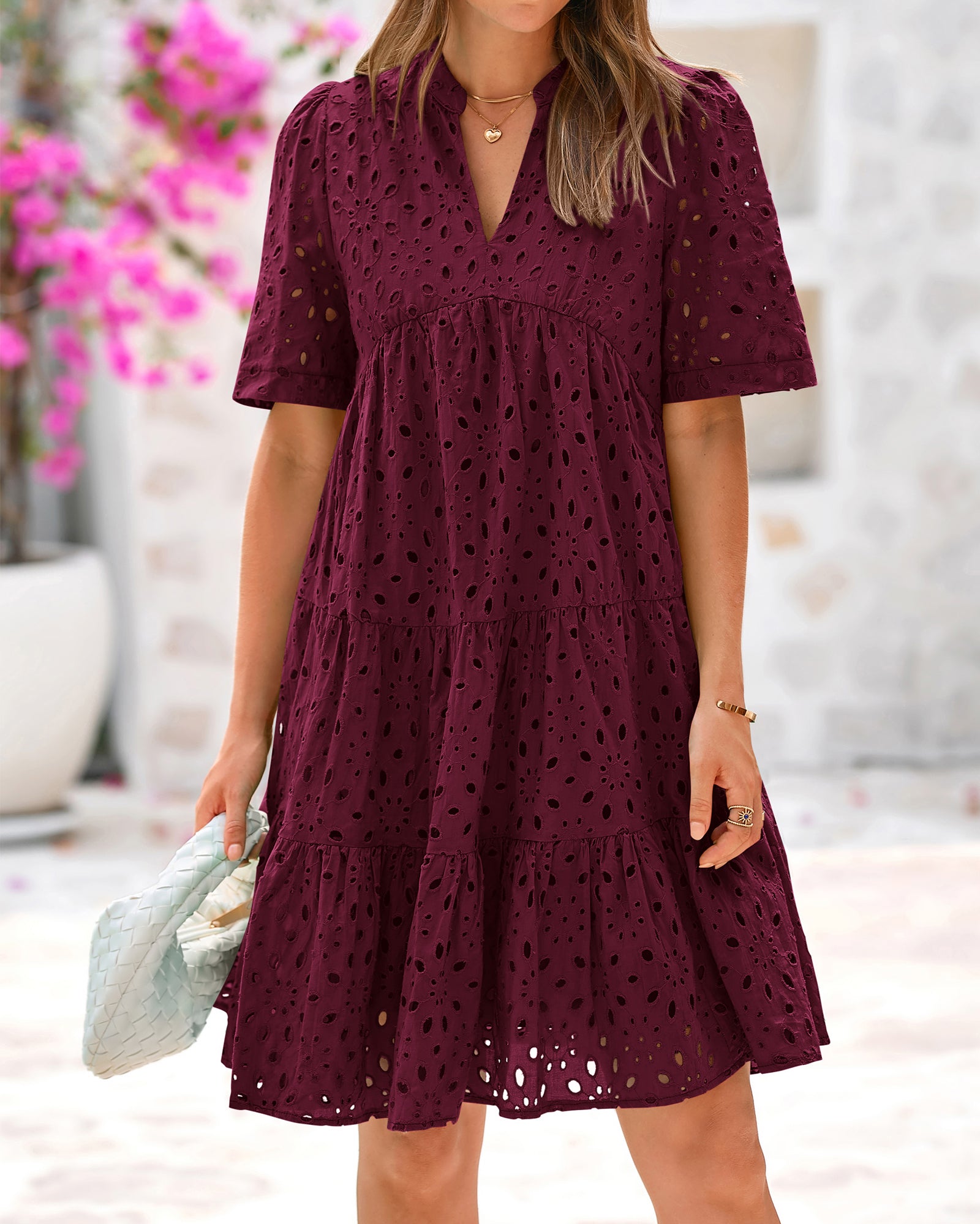 BTFBM Womens Boho Summer Dresses 2026 Spring V Neck Short Sleeve Hollow Out Lace Ruffle Casual Beach Mini Vacation Dress
