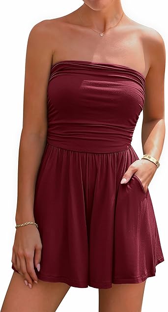 BTFBM Womens Romper 2026 Spring Summer Strapless Tube Tops Beach Vacation Clothes Boho Loose Shorts Jumpsuits Pockets
