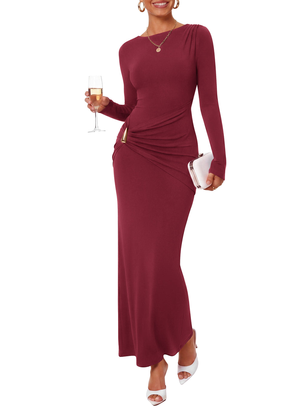 BTFBM Womens Long Sleeve Ruched Slit Maxi Wedding Guest Dress | Boat Neck, Bodycon, Semi Formal Dresses For Women Cocktail, Party, Homecoming, Date Night, Christmas, Holiday, Winter Outfits