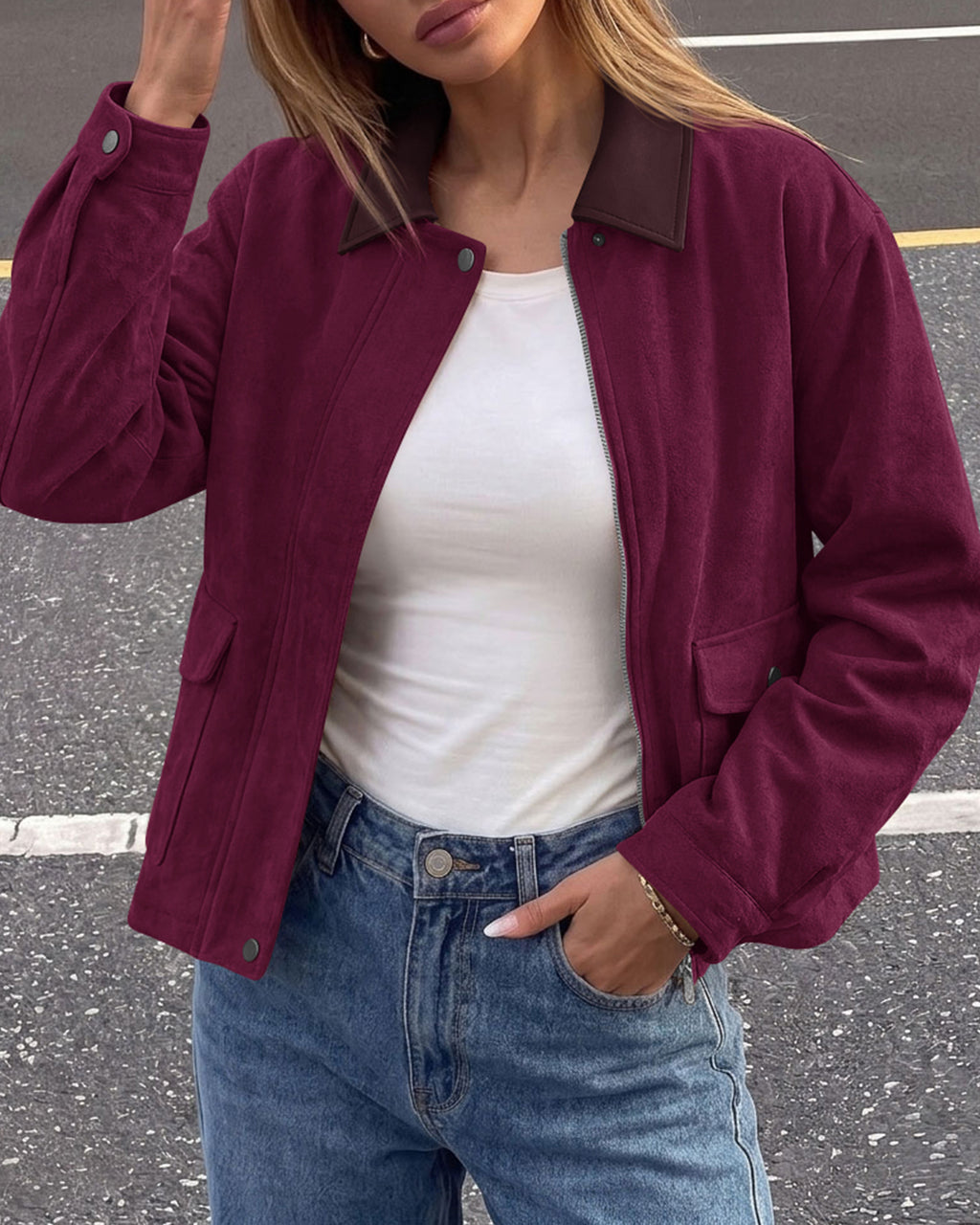 BTFBM Faux Suede Jacket Women Leather Lapel Zip Up Fall Outfits 2026