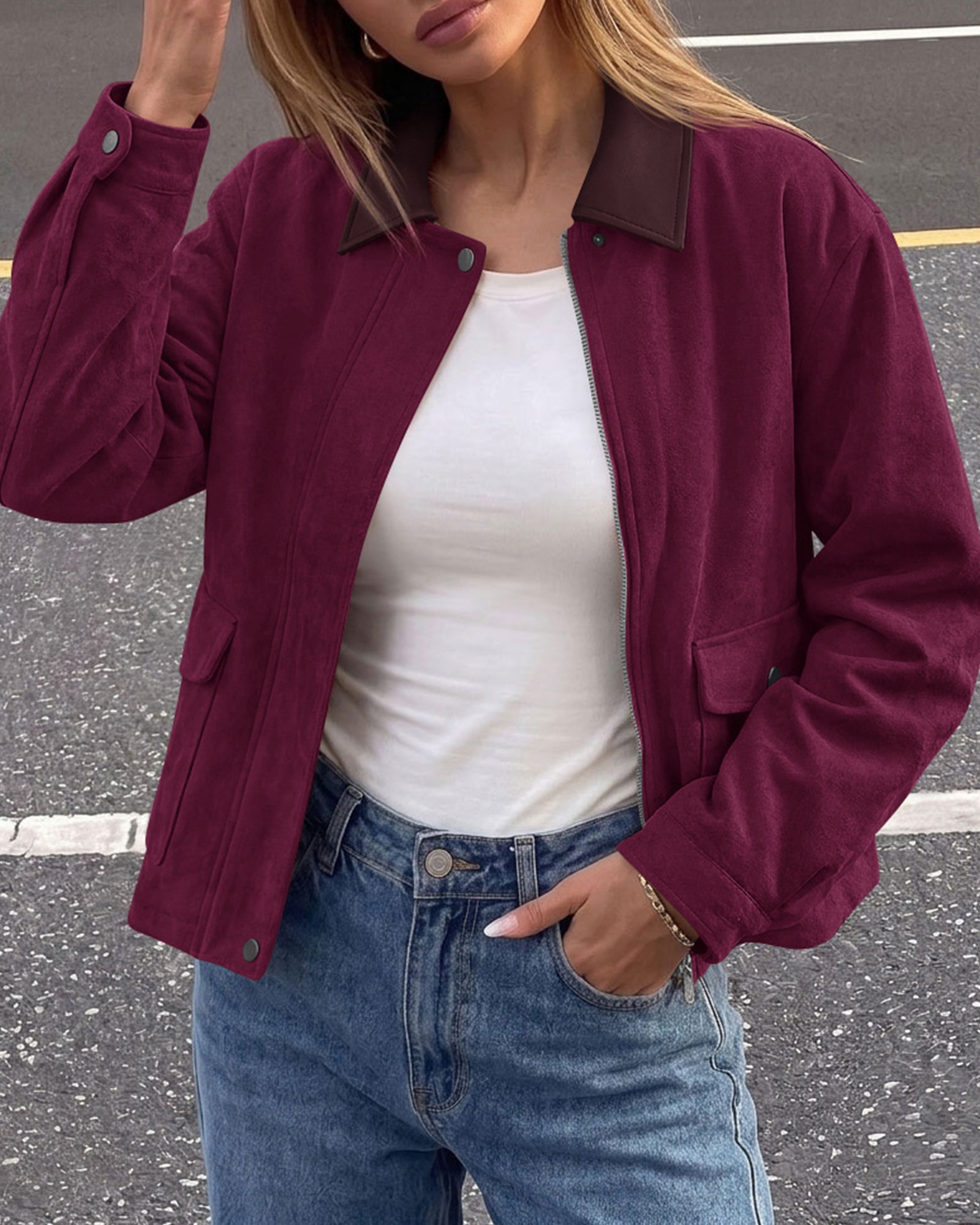 BTFBM Faux Suede Jacket Women Leather Lapel Zip Up Fall Outfits 2026