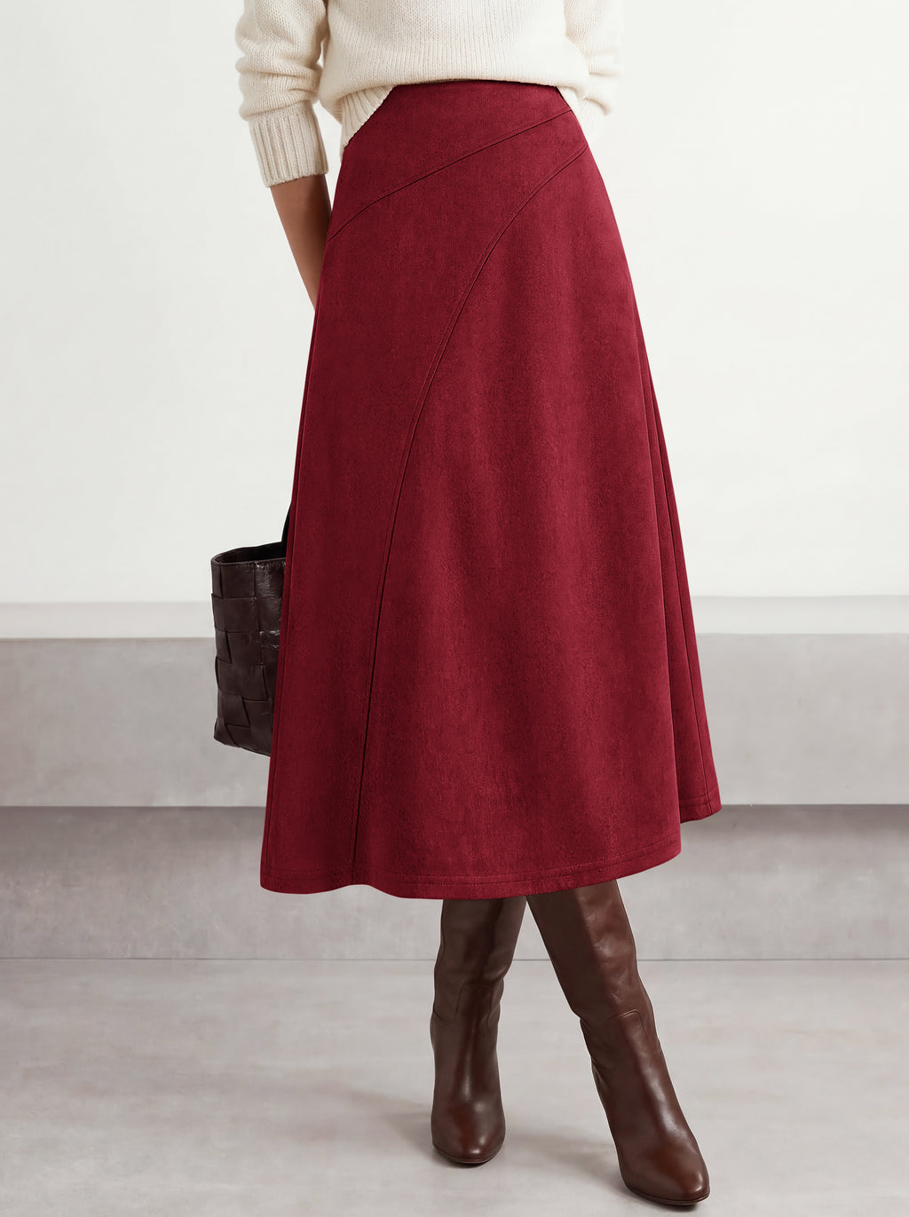 BTFBM Women Faux Suede Midi Long Skirt Fall Fashion 2026 | High Waisted Skirts For Women Trendy, Lightweight, Back Elastic, Arc Line Design, A-Line, Winter Dress, Boho Western Outfits