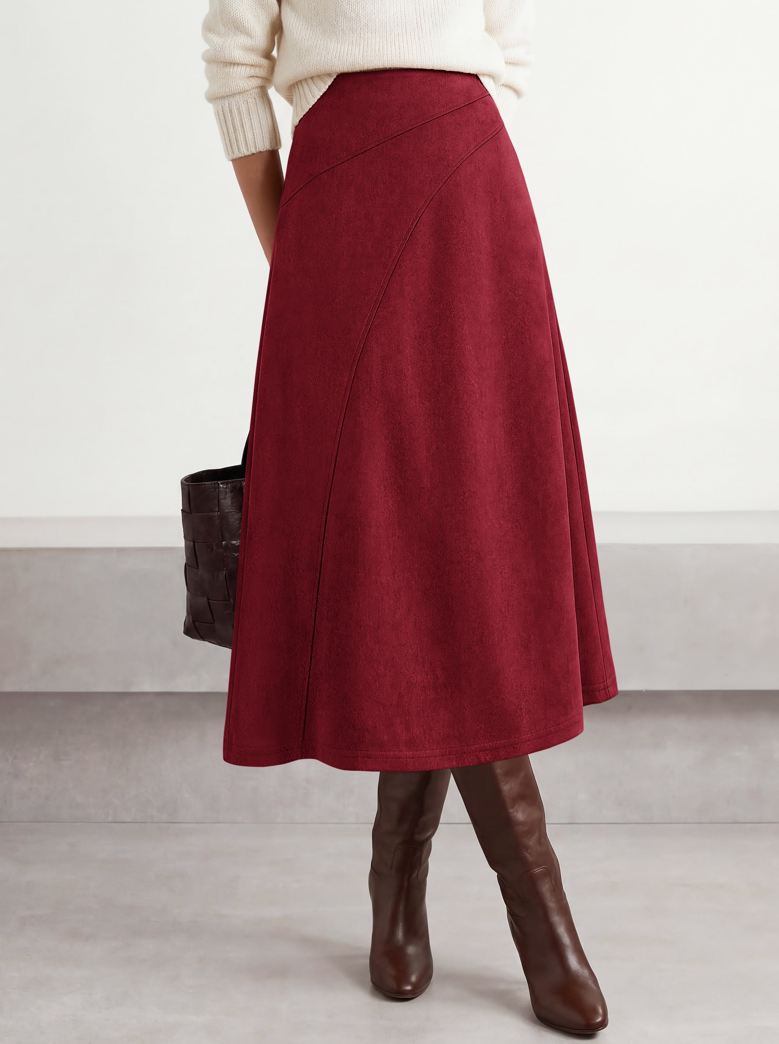 BTFBM Women Faux Suede Midi Long Skirt Fall Fashion 2026 | High Waisted Skirts For Women Trendy, Lightweight, Back Elastic, Arc Line Design, A-Line, Winter Dress, Boho Western Outfits