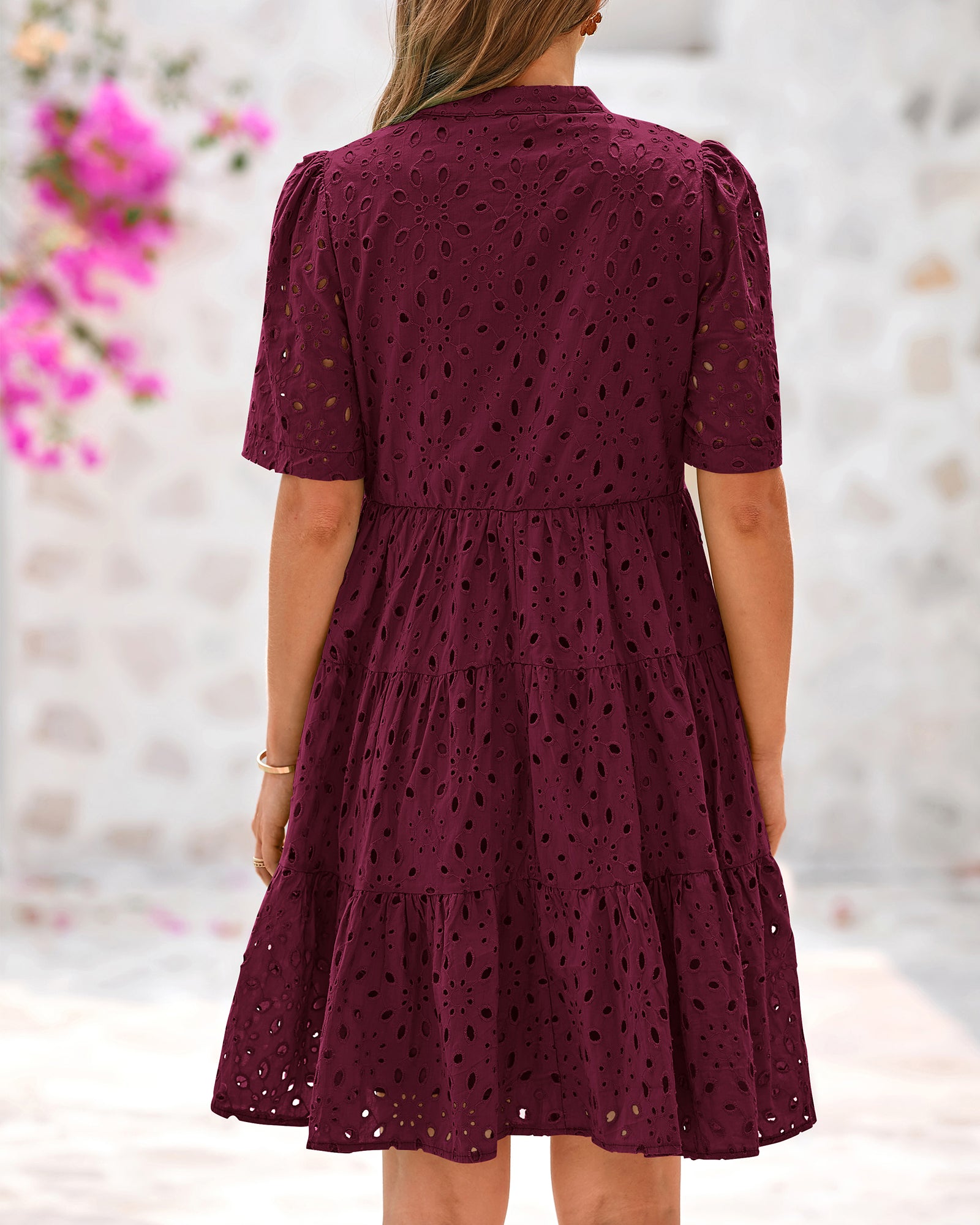 BTFBM Womens Boho Summer Dresses 2026 Spring V Neck Short Sleeve Hollow Out Lace Ruffle Casual Beach Mini Vacation Dress
