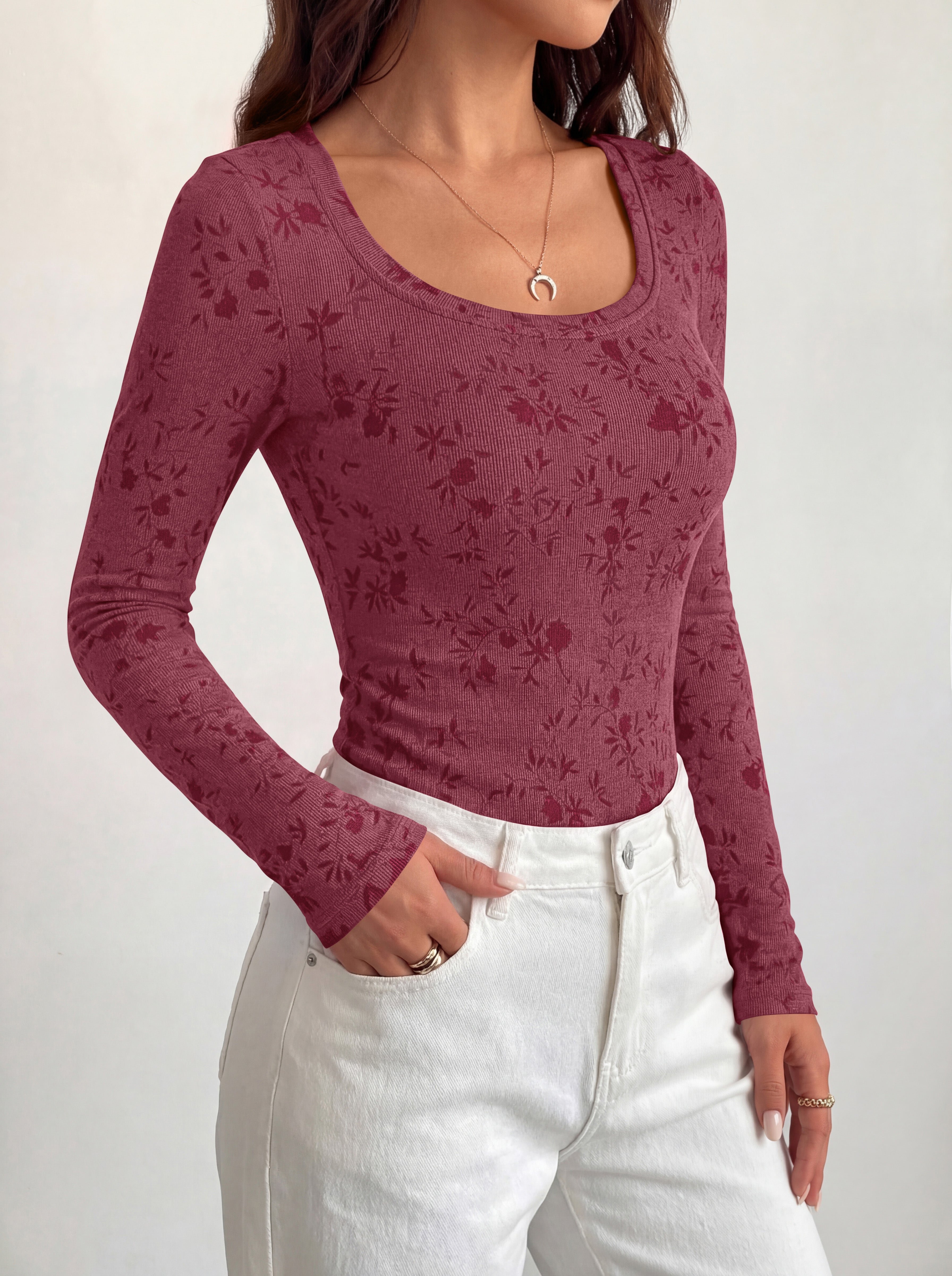 BTFBM Women's Long Sleeve Scoop Neck Shirts Floral Tops | Casual Women Fall Clothes, Ribbed Slim Fitted T-Shirts, y2k Fashion Clothing, Concert Going Out Top, Club Date Night Outfits