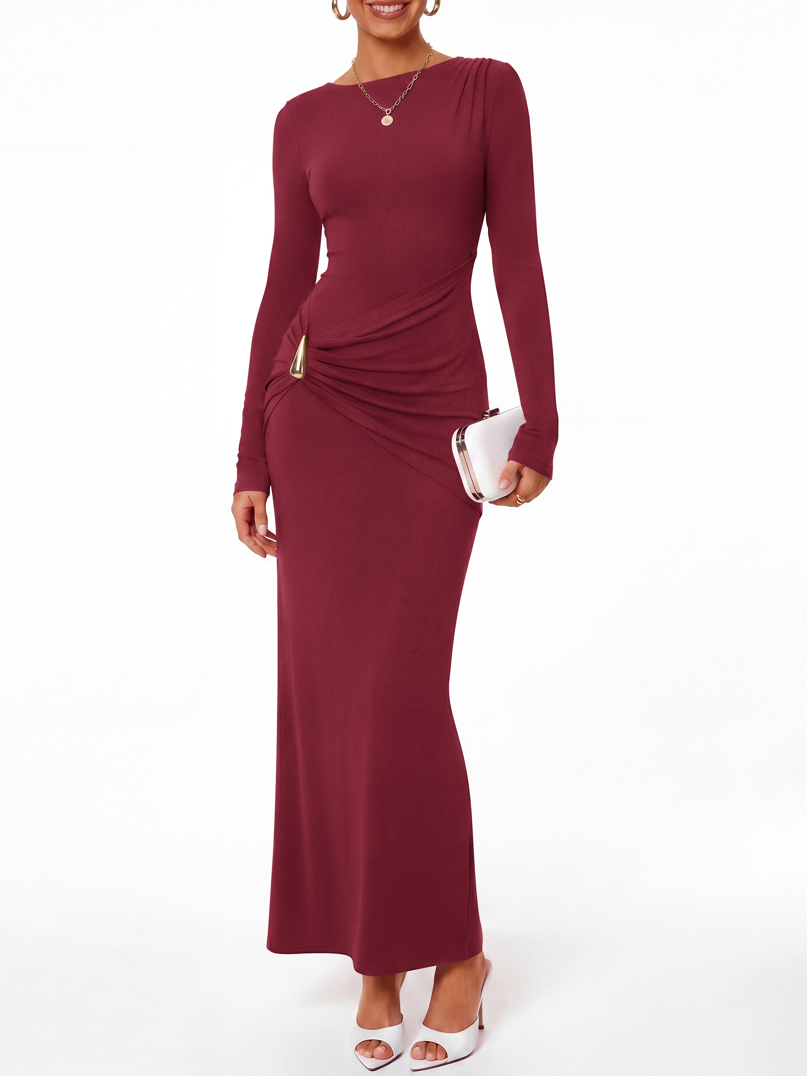 BTFBM Womens Long Sleeve Ruched Slit Maxi Wedding Guest Dress | Boat Neck, Bodycon, Semi Formal Dresses For Women Cocktail, Party, Homecoming, Date Night, Christmas, Holiday, Winter Outfits