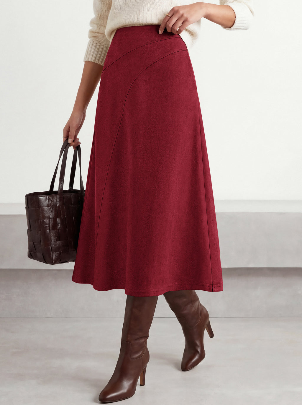 BTFBM Women Faux Suede Midi Long Skirt Fall Fashion 2026 | High Waisted Skirts For Women Trendy, Lightweight, Back Elastic, Arc Line Design, A-Line, Winter Dress, Boho Western Outfits