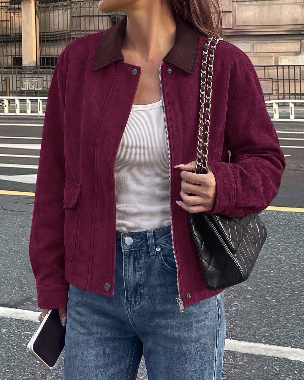 BTFBM Faux Suede Jacket Women Leather Lapel Zip Up Fall Outfits 2026