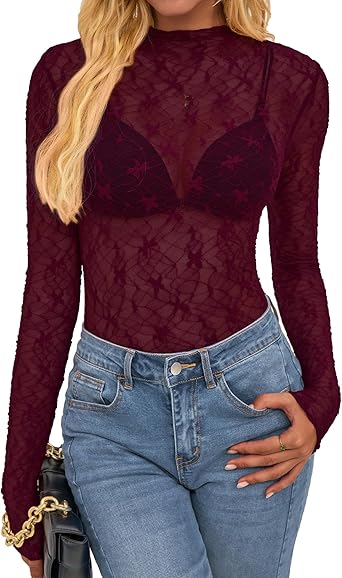 BTFBM Lace Tops for Women 2025 See Through Mesh Top Crew Neck Long Sleeve Fitted Sheer Party Club Outfits Fall Fashion