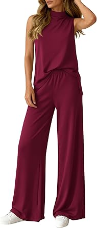 BTFBM Summer 2 Piece Lounge Sets For Women Sleeveless Mock Neck Top Wide Leg Pants Airport Travel Beach Vacation Outfits