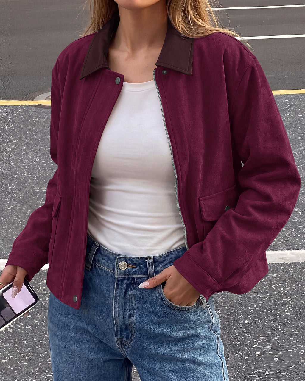 BTFBM Faux Suede Jacket Women Leather Lapel Zip Up Fall Outfits 2026