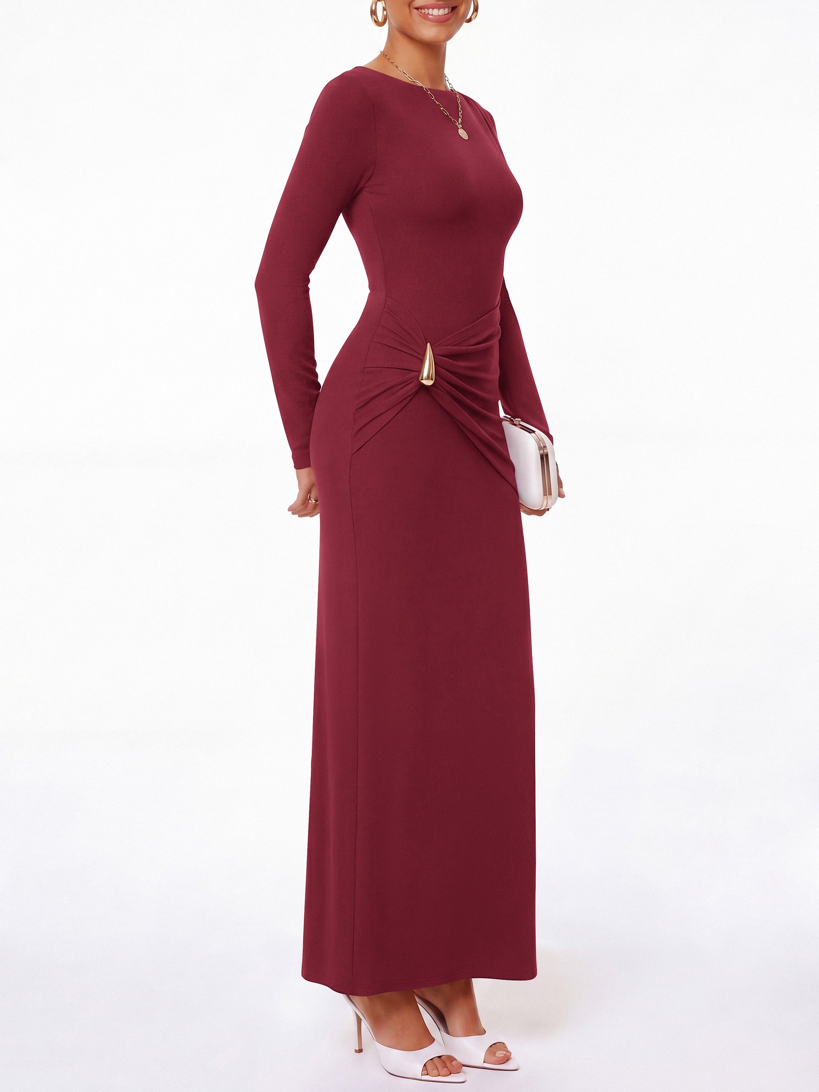 BTFBM Womens Long Sleeve Ruched Slit Maxi Wedding Guest Dress | Boat Neck, Bodycon, Semi Formal Dresses For Women Cocktail, Party, Homecoming, Date Night, Christmas, Holiday, Winter Outfits