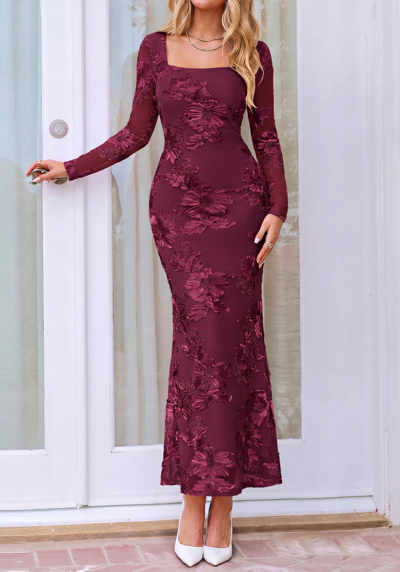 BTFBM Womens Long Sleeve Bodycon Floral Mesh Maxi Fall Wedding Guest Dress