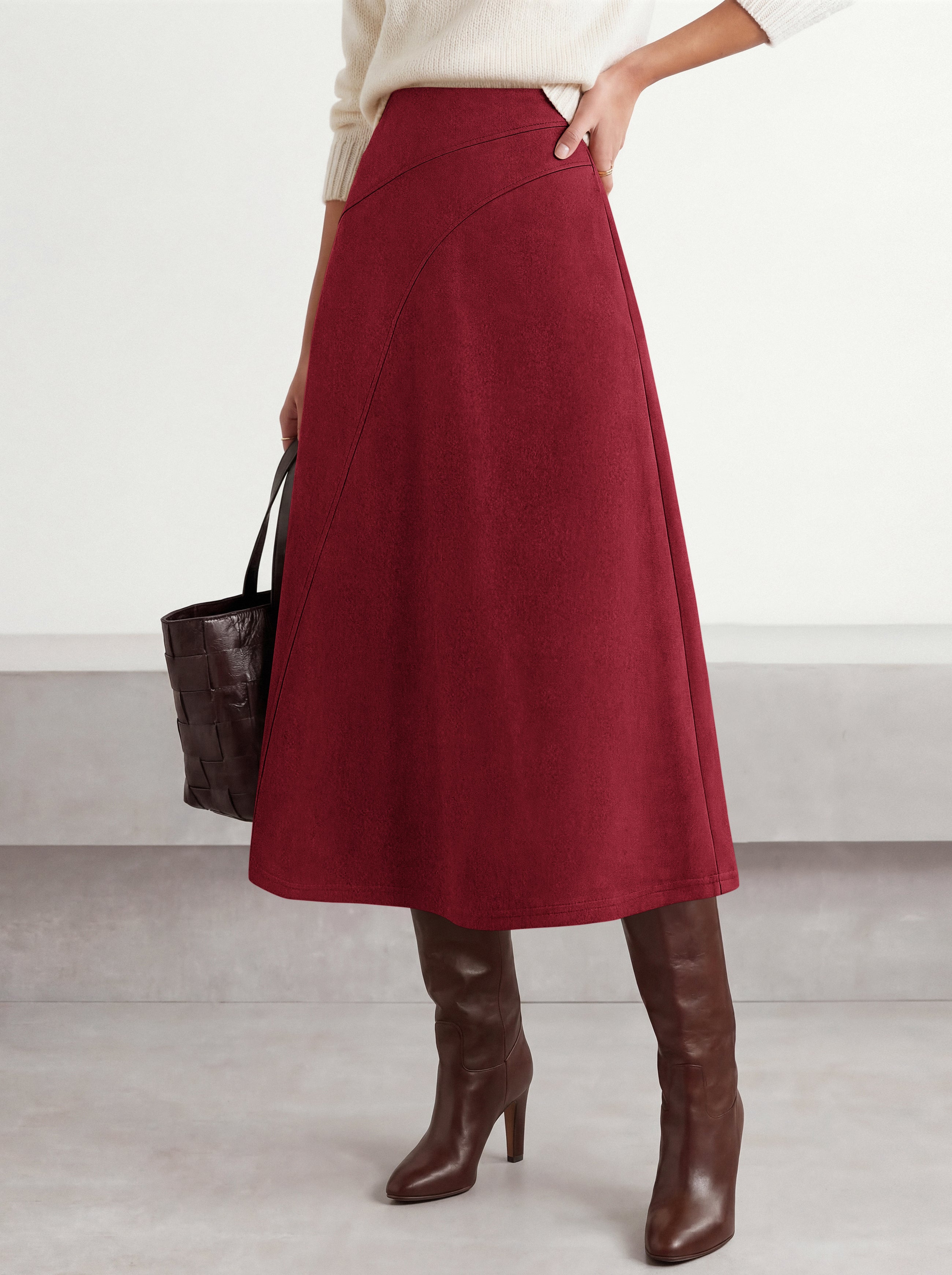 BTFBM Women Faux Suede Midi Long Skirt Fall Fashion 2026 | High Waisted Skirts For Women Trendy, Lightweight, Back Elastic, Arc Line Design, A-Line, Winter Dress, Boho Western Outfits