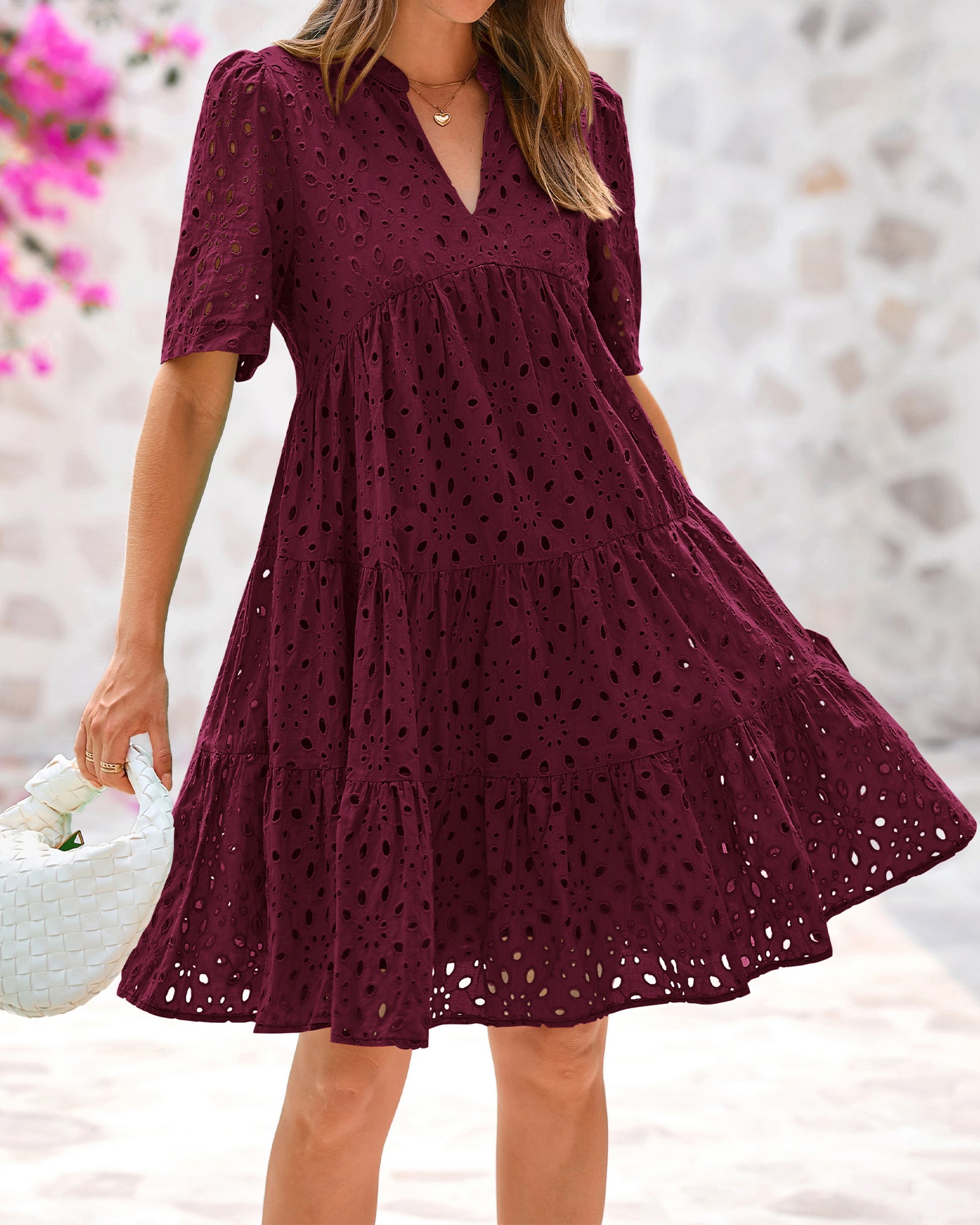 BTFBM Womens Boho Summer Dresses 2026 Spring V Neck Short Sleeve Hollow Out Lace Ruffle Casual Beach Mini Vacation Dress