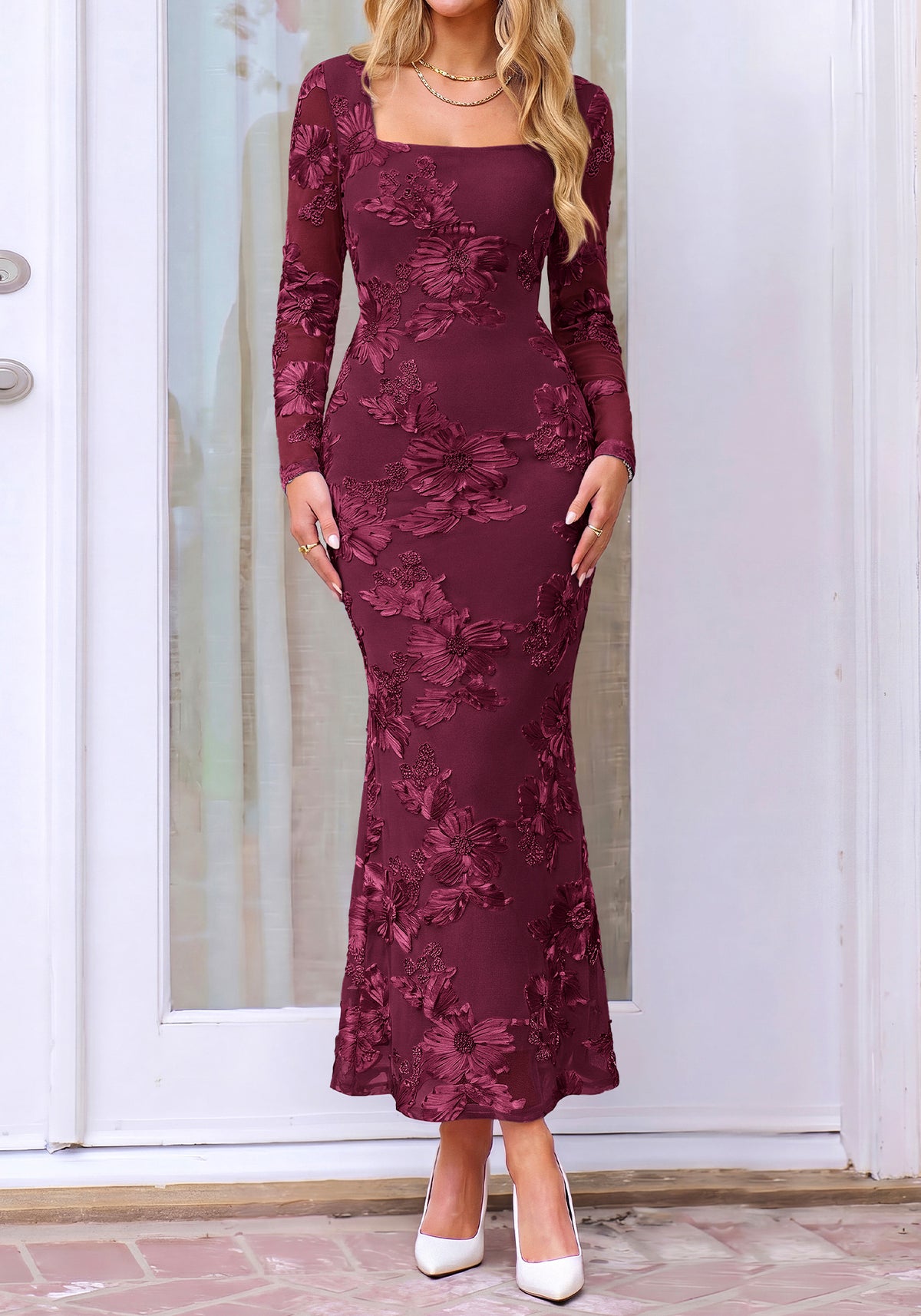 BTFBM Womens Long Sleeve Bodycon Floral Mesh Maxi Fall Wedding Guest Dress