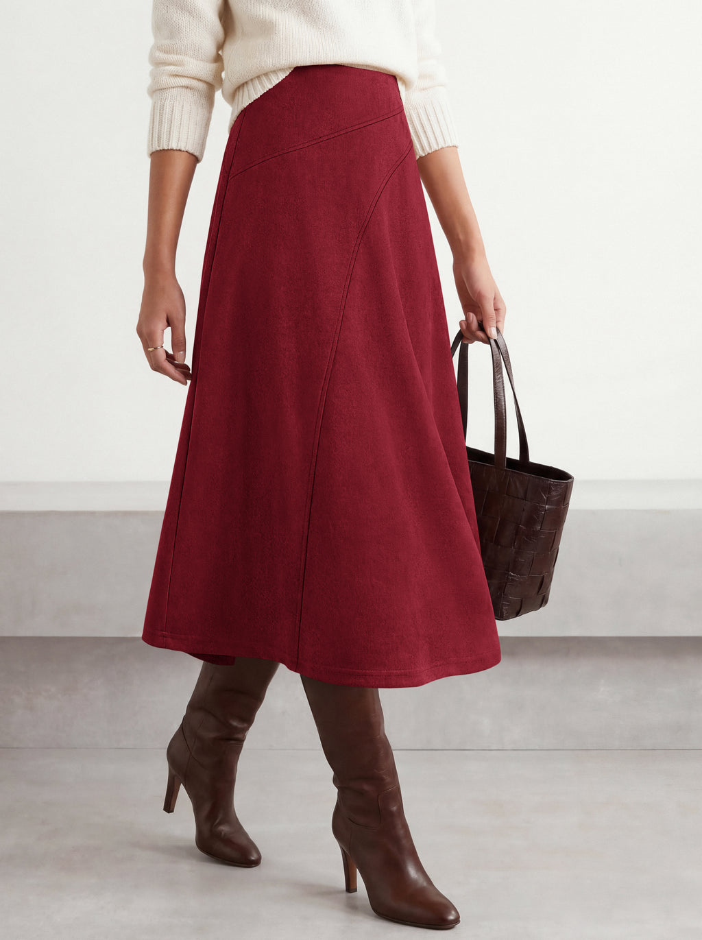 BTFBM Women Faux Suede Midi Long Skirt Fall Fashion 2026 | High Waisted Skirts For Women Trendy, Lightweight, Back Elastic, Arc Line Design, A-Line, Winter Dress, Boho Western Outfits