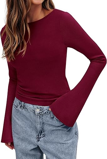 BTFBM Long Sleeve Shirts for Women 2026 Spring Y2K Clothes Casual Boat Neck Bell Sleeve Fitted Fall Going Out Tops