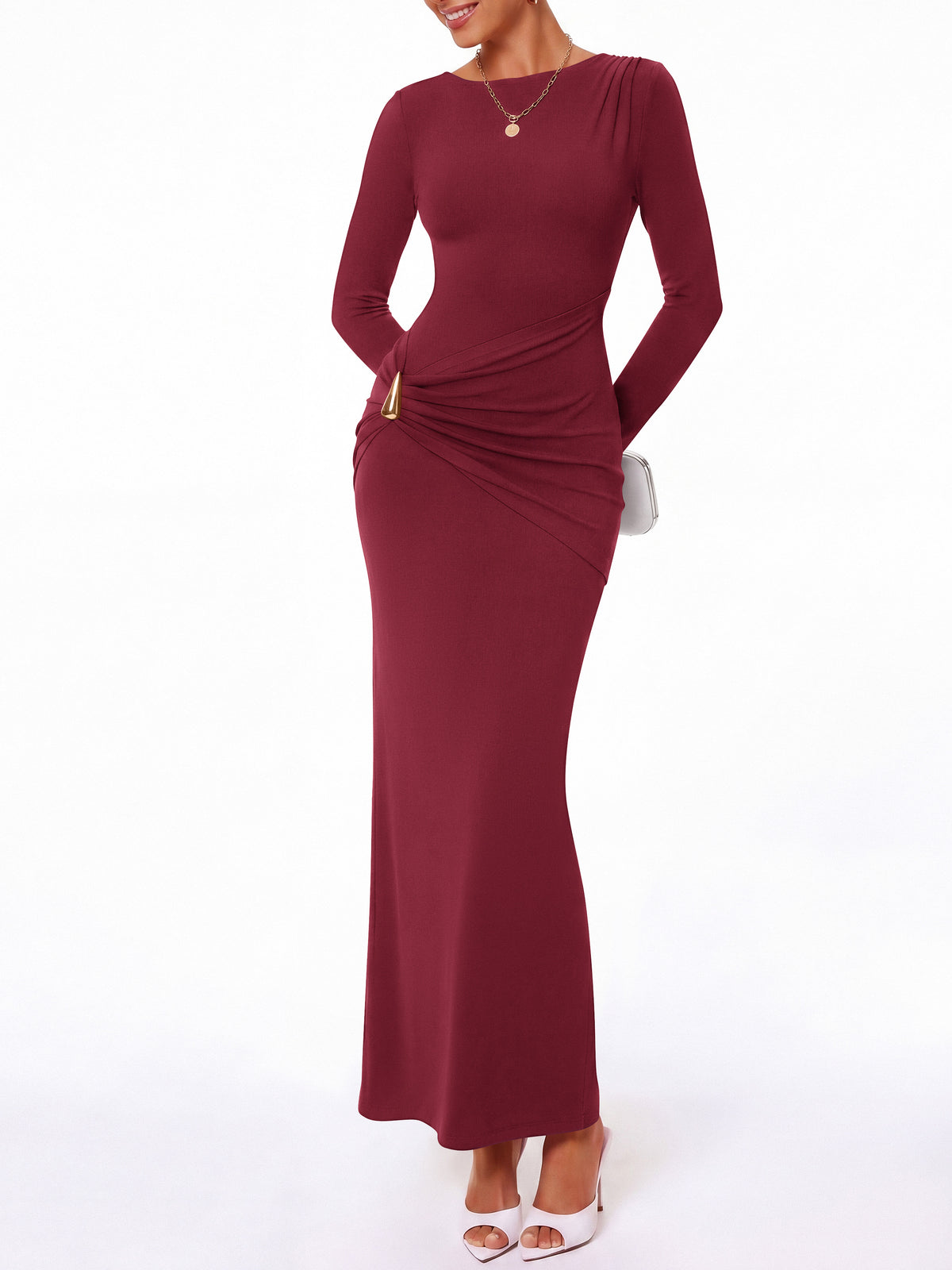BTFBM Womens Long Sleeve Ruched Slit Maxi Wedding Guest Dress | Boat Neck, Bodycon, Semi Formal Dresses For Women Cocktail, Party, Homecoming, Date Night, Christmas, Holiday, Winter Outfits