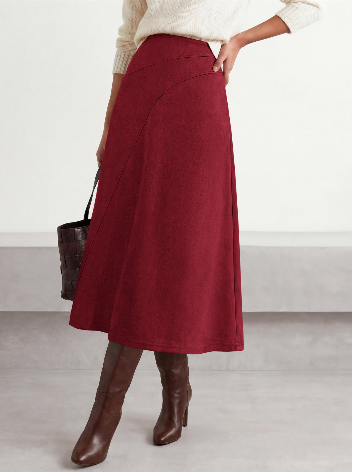 BTFBM Women Faux Suede Midi Long Skirt Fall Fashion 2026 | High Waisted Skirts For Women Trendy, Lightweight, Back Elastic, Arc Line Design, A-Line, Winter Dress, Boho Western Outfits