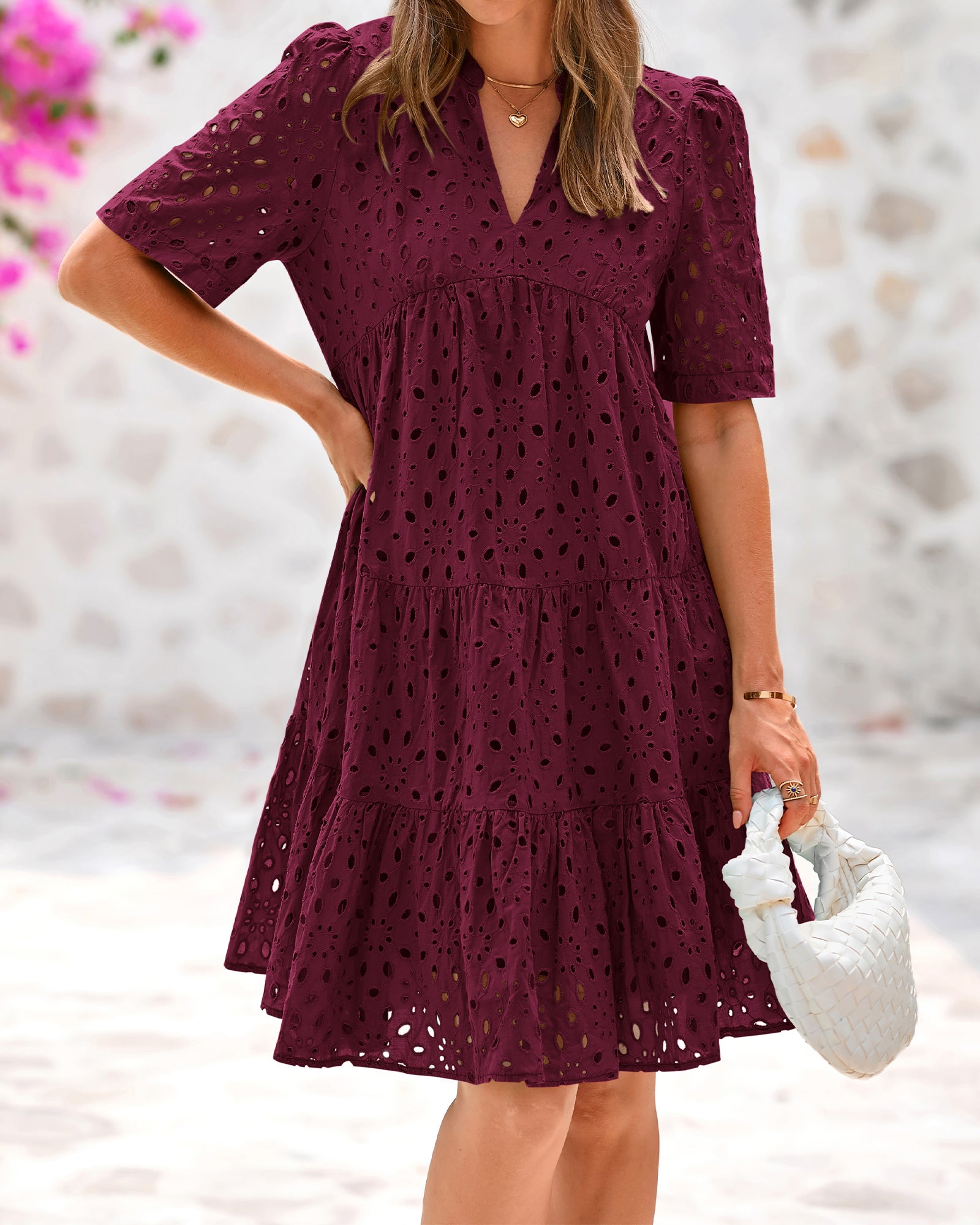 BTFBM Womens Boho Summer Dresses 2026 Spring V Neck Short Sleeve Hollow Out Lace Ruffle Casual Beach Mini Vacation Dress