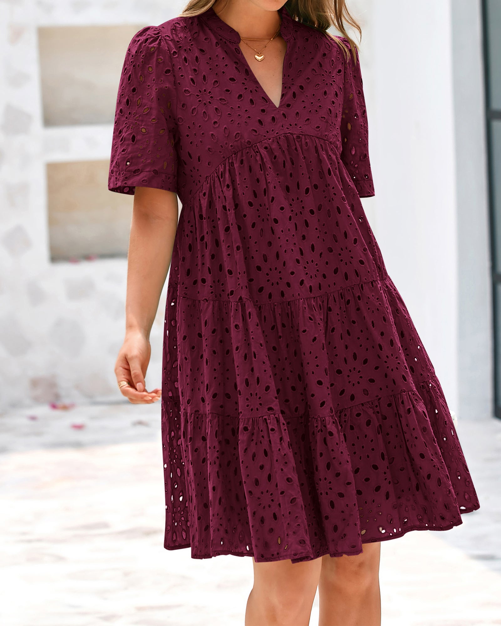 BTFBM Womens Boho Summer Dresses 2026 Spring V Neck Short Sleeve Hollow Out Lace Ruffle Casual Beach Mini Vacation Dress