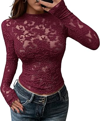 BTFBM Mesh Long Sleeve Tops for Women Lace Sexy Sheer Tight See Through Crew Neck Spring Fall 2026 Party Club Outfits