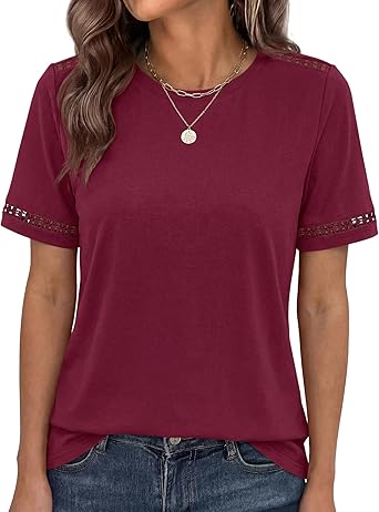 BTFBM Womens Summer Tops Lace Short Sleeve Shirts 2026 Spring Casual Loose Crew Neck Cotton Knit Cute Business Blouses