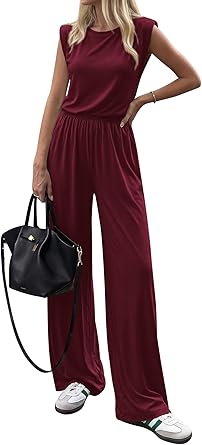 BTFBM 2 Piece Sets for Women Spring 2026 Casual Shoulder Pad Tank Top Wide Leg Pants Matching Set Travel Airport Outfits