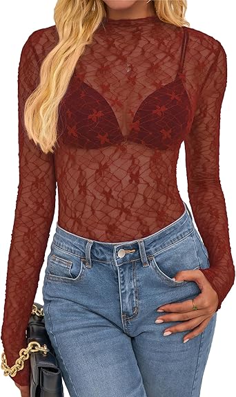 BTFBM Lace Tops for Women 2025 See Through Mesh Top Crew Neck Long Sleeve Fitted Sheer Party Club Outfits Fall Fashion
