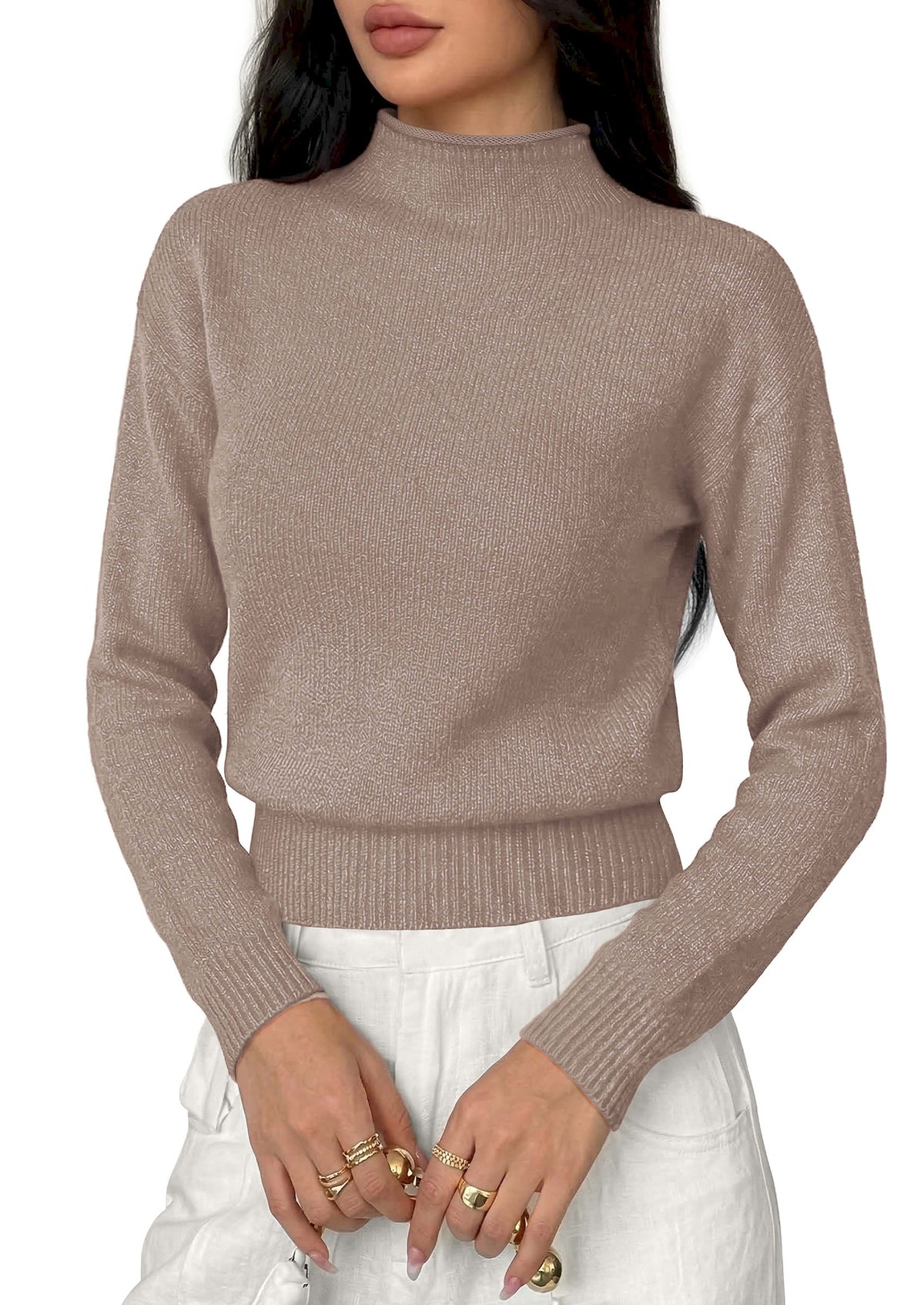 BTFBM Women’s Long Sleeve Sweaters Mock Neck Business Casual Lightweight Sweater Tops 2026 Fall Fashion Clothing