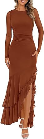 BTFBM Women's Maxi Dresses Spring 2026 Long Sleeve Ruched Bodycon Solid Ruffle Mermaid Cocktail Wedding Guest Dress
