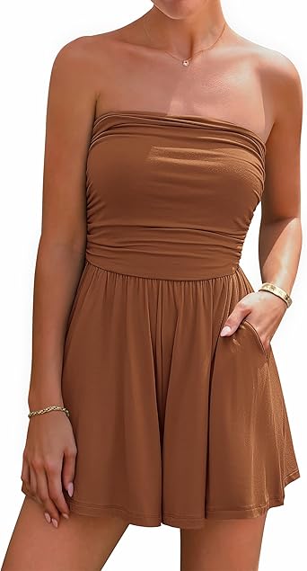 BTFBM Womens Romper 2026 Spring Summer Strapless Tube Tops Beach Vacation Clothes Boho Loose Shorts Jumpsuits Pockets