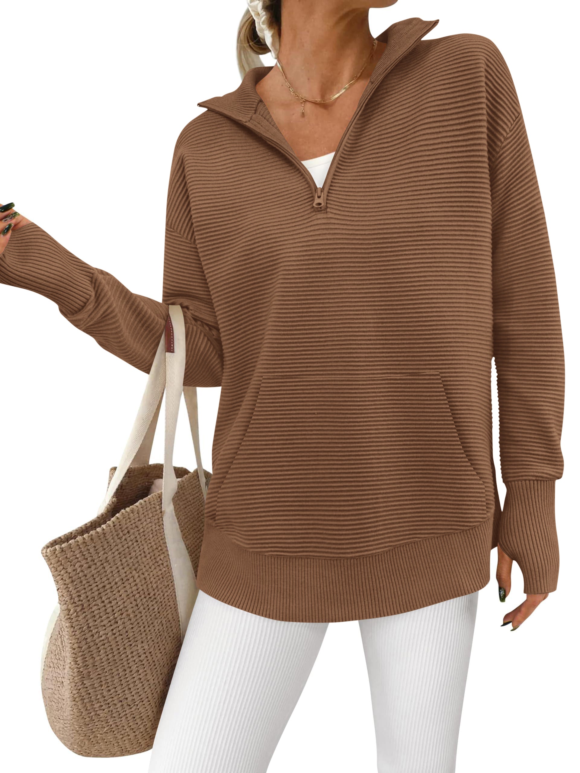 BTFBM Sweaters for Women Fall Clothes 2026 Pocket Quarter Zip Pullover V Neck Long Sleeve Knit Trendy Winter Sweater