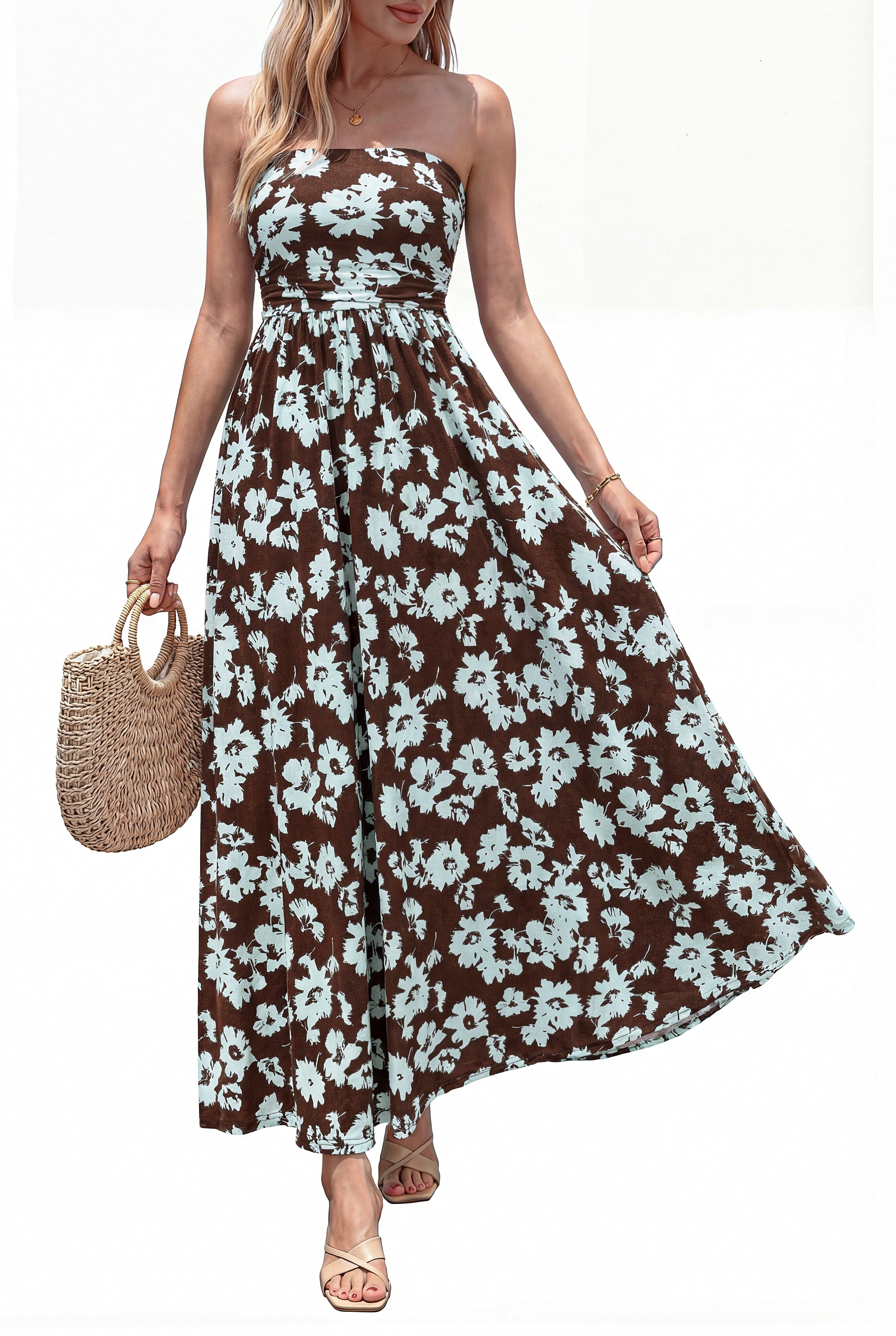 BTFBM Womens Summer Dresses 2026 Strapless Tube Top Elastic Waist Floral Beach Vacation Outfits Boho Maxi Dress Pockets