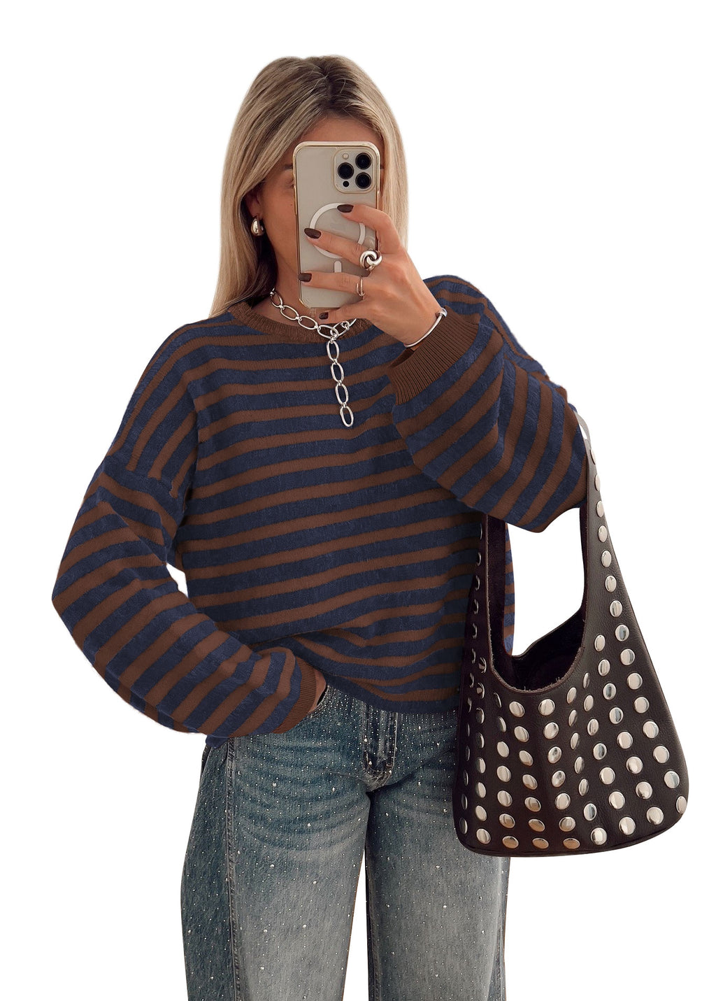 BTFBM Women's Lightweight Oversized Striped Sweater | Soft Knit Cozy Sweaters, Crew Neck Long Sleeve Pullover, y2k Color Block, Casual Holiday Outfits, Winter Fall Clothes 2026