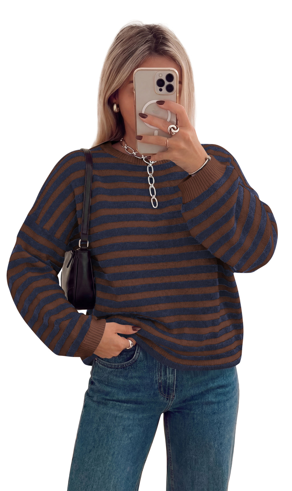 BTFBM Women's Lightweight Oversized Striped Sweater | Soft Knit Cozy Sweaters, Crew Neck Long Sleeve Pullover, y2k Color Block, Casual Holiday Outfits, Winter Fall Clothes 2026