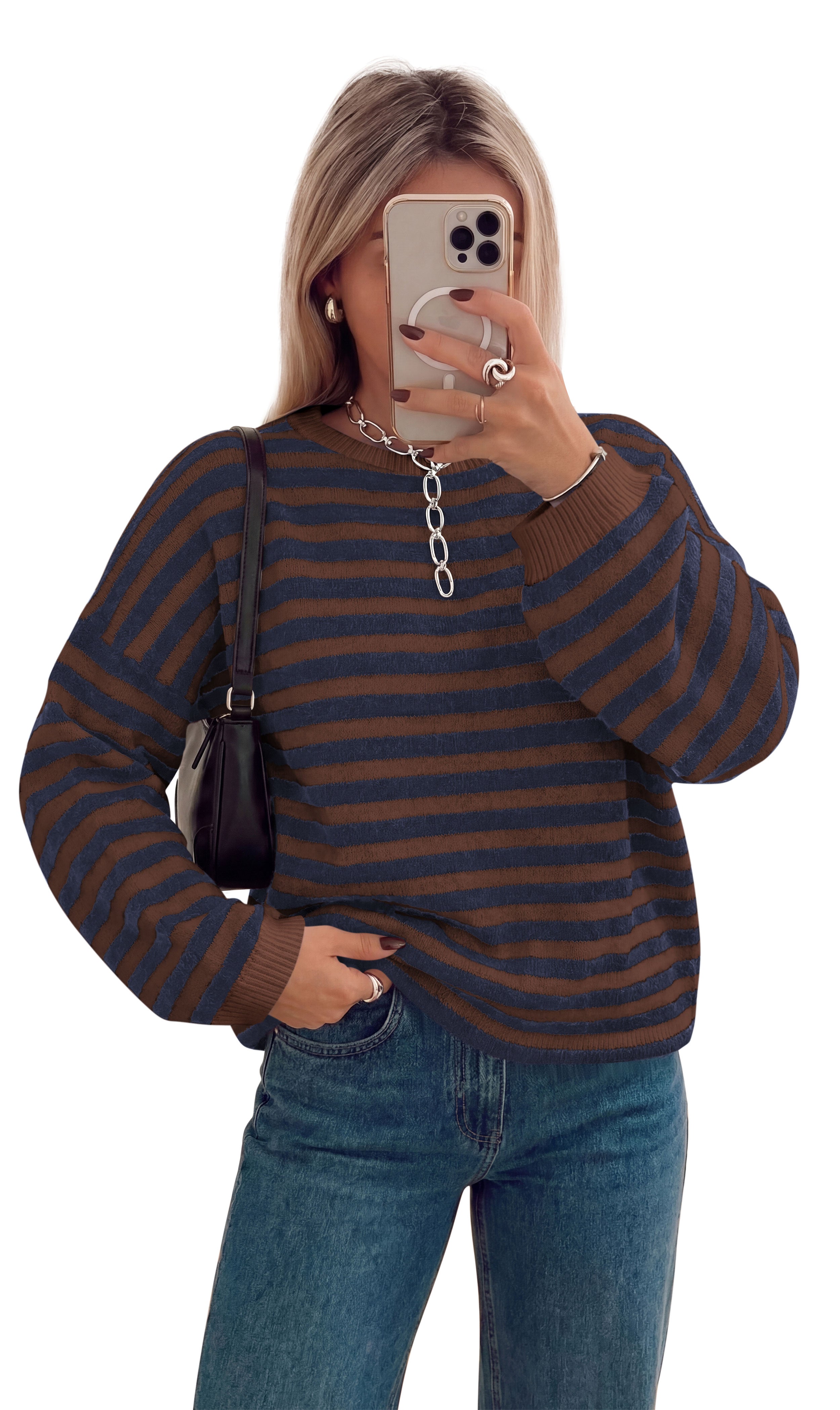 BTFBM Women's Lightweight Oversized Striped Sweater | Soft Knit Cozy Sweaters, Crew Neck Long Sleeve Pullover, y2k Color Block, Casual Holiday Outfits, Winter Fall Clothes 2026