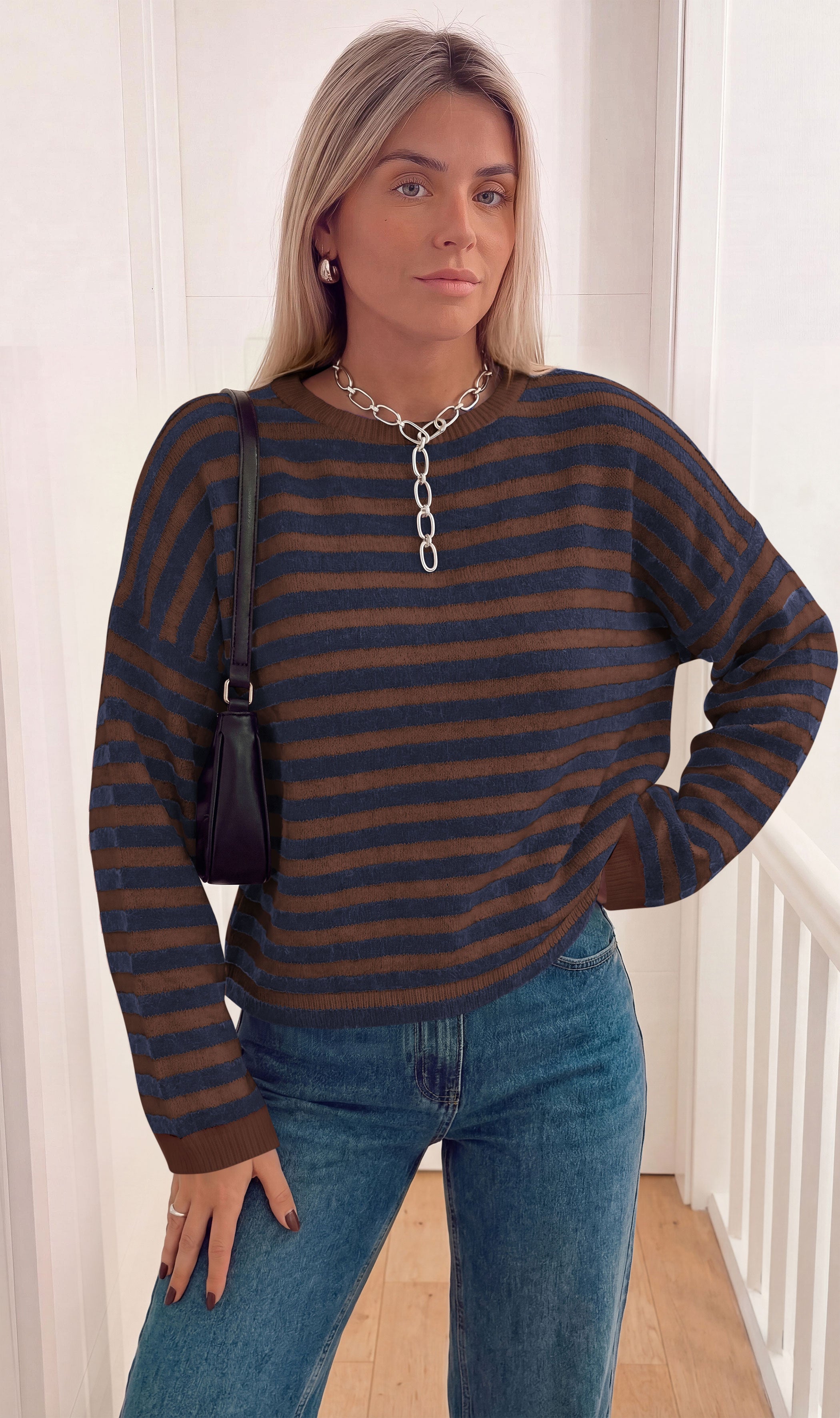 BTFBM Women's Lightweight Oversized Striped Sweater | Soft Knit Cozy Sweaters, Crew Neck Long Sleeve Pullover, y2k Color Block, Casual Holiday Outfits, Winter Fall Clothes 2026