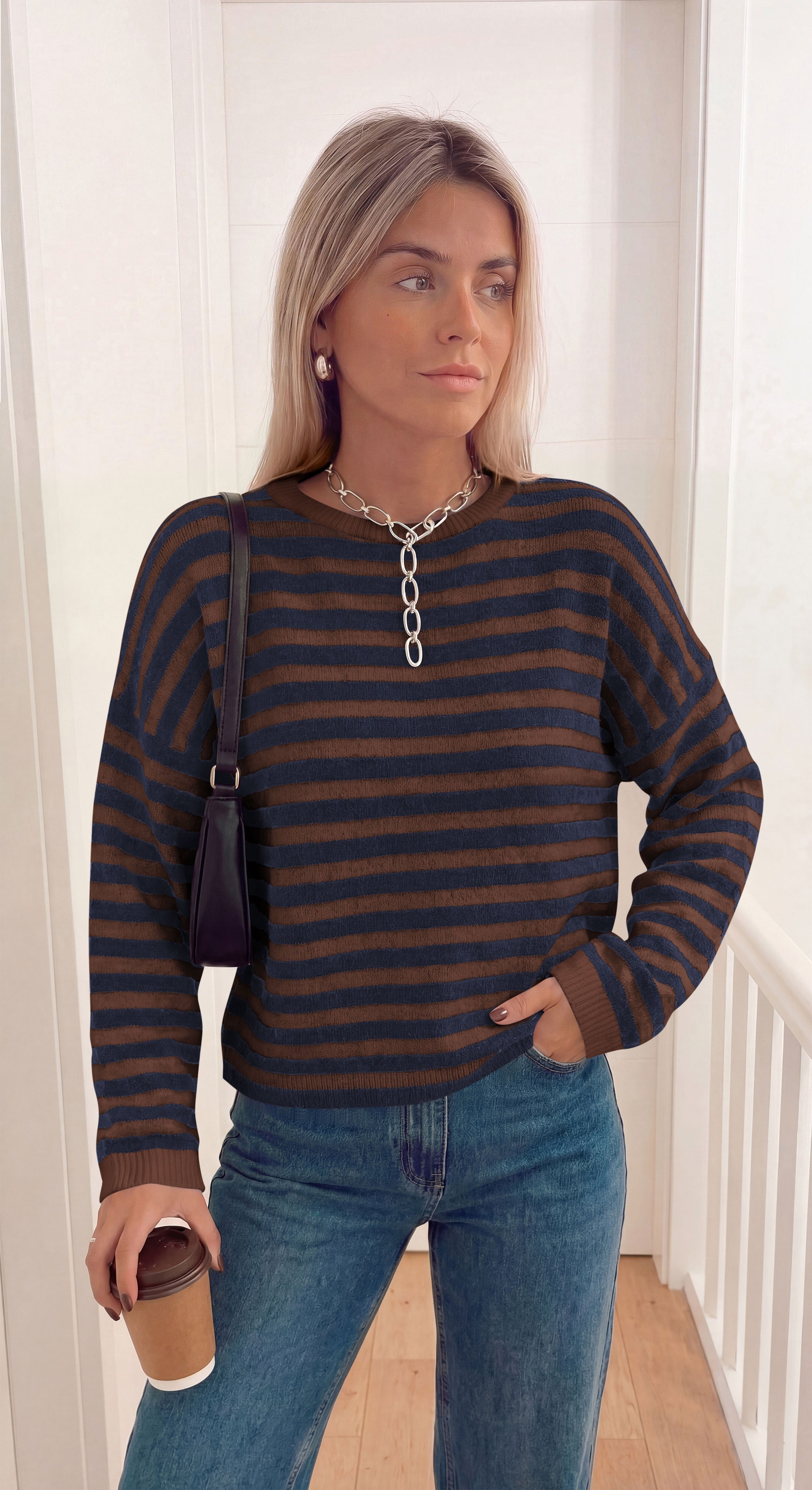 BTFBM Women's Lightweight Oversized Striped Sweater | Soft Knit Cozy Sweaters, Crew Neck Long Sleeve Pullover, y2k Color Block, Casual Holiday Outfits, Winter Fall Clothes 2026