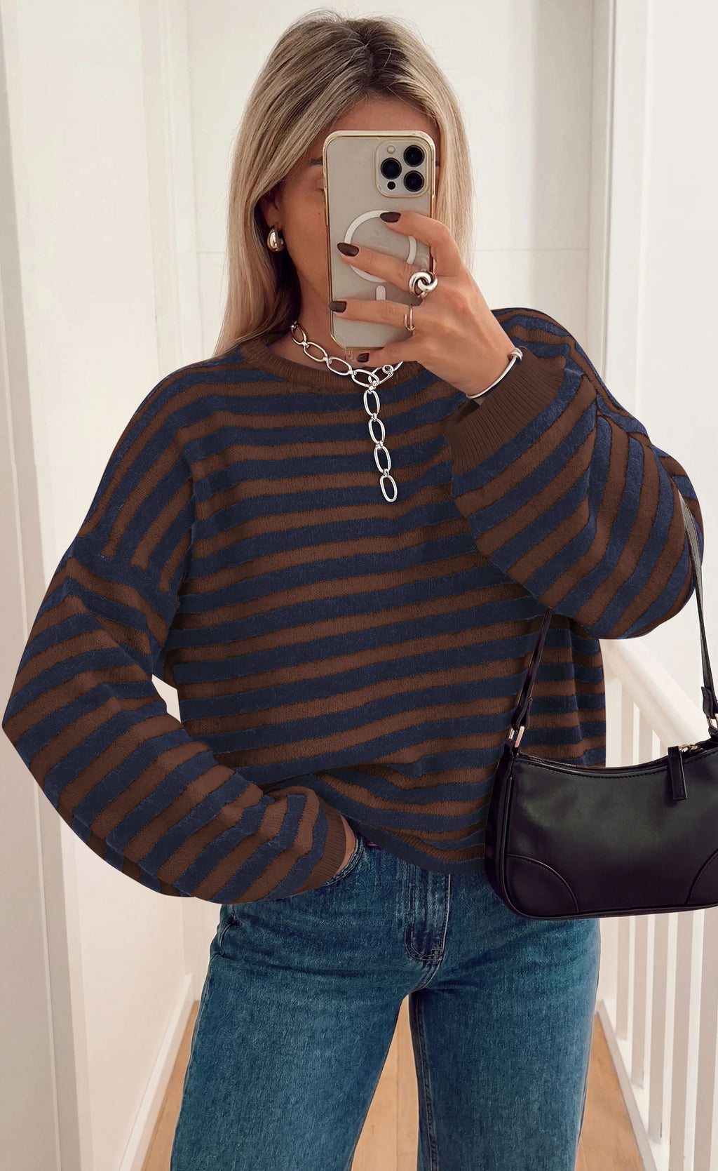 BTFBM Women's Lightweight Oversized Striped Sweater | Soft Knit Cozy Sweaters, Crew Neck Long Sleeve Pullover, y2k Color Block, Casual Holiday Outfits, Winter Fall Clothes 2026
