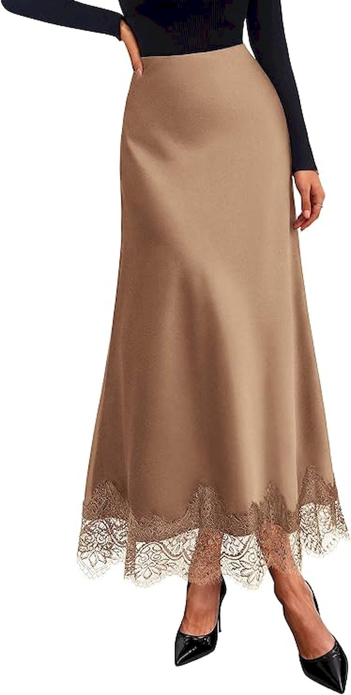 BTFBM Lace Trim Satin Skirts for Women Elegant | High Waisted,Maxi Skirt,Cocktail Party Wedding Guest,Summer Fall Outfits