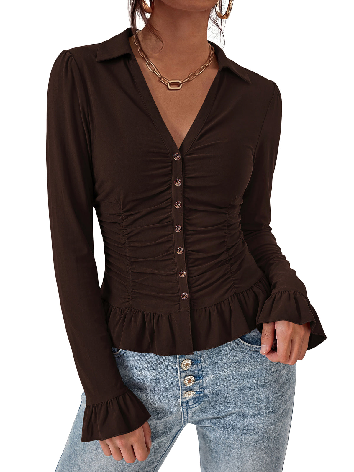 BTFBM Fitted Button Down Shirts for Women Dressy Casual Tops | Collar V Neck Long Sleeve Ruched Tops, Stretchy Ruffle Blouses, Fall Fashion Clothing 2026, Work Date Night Going Out Outfits